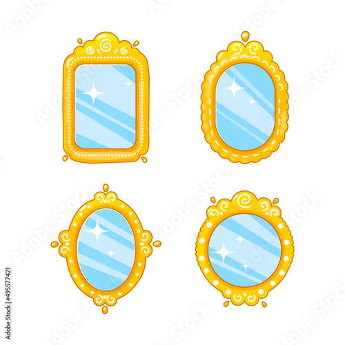 Set of gold and shiny cartoon mirrors with reflection in different shapes