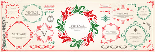 春の植物モチーフのフレームセット。ビンテージフラワー。装飾デザイン。流行りのあしらい	