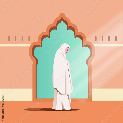 flat ramadan illustration islam woman pray wear white hijab in mosque