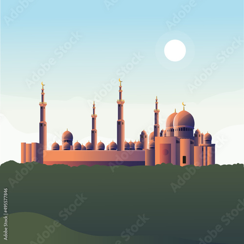 flat ramadan illustration mosque sky background