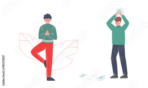 Stress relieving concept. Young men meditating and breaking dishes to calm down cartoon vector illustration