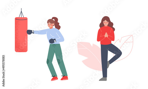 Young women meditating and hitting punching bag to calm down stressful emotions. Self healing therapy, stress relieving cartoon vector illustration