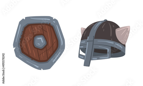 Horned helmet and shield, ancient armour of viking cartoon vector illustration