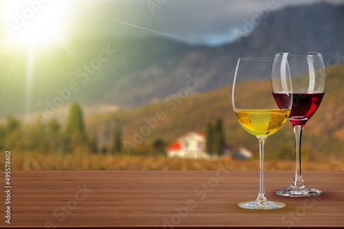 Wine, tasting of red and rose dry wines on winery with view on vineyards and south slopes