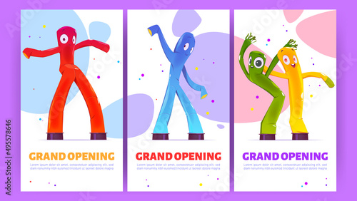 Grand opening promo posters with inflatable figures, dancing colorful men with funny faces, legs and arms. Balloon moving characters for outdoor promotion or decoration, Cartoon vector illustration