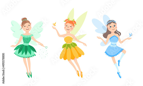 Set of happy little girls elves in colorful dress with wings vector illustration