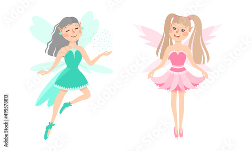 Set of happy little girls elves in blue and pink dress with wings vector illustration