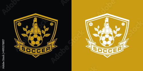 soccer footbal logo design with bamboo leave and bandge sport