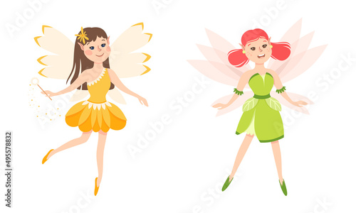 Set of happy little girls fairies in orange and green dress with wings vector illustration