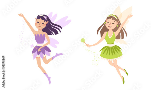 Set of happy little girls elves in purple and green dress with wings vector illustration