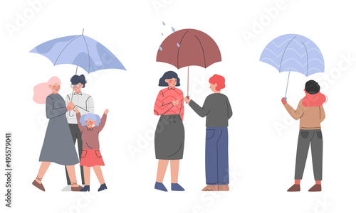People walking under umbrellas set cartoon vector illustration