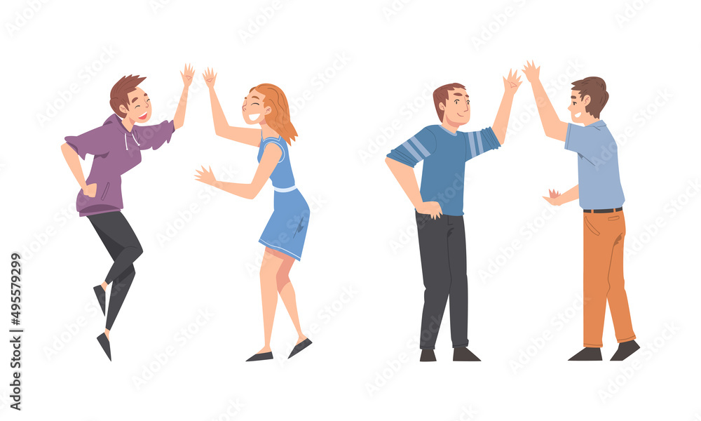 People giving high five set. Informal greeting gesture cartoon vector illustratio