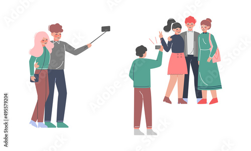People using smartphones for selfie set. Friends spending time together and photographing cartoon vector illustration