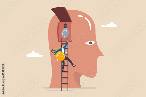 Wisdom, knowledge or creativity to solve problem, intelligence, literature or education to success in work concept, businessman climb up ladder to replace new lightbulb idea on the brain in his head.