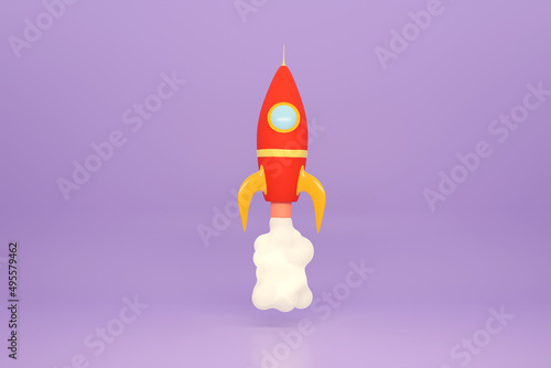 Space rocket red color on lilac background. Space technology in cartoon style. 3d rendering