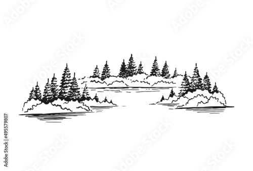 Sketch of wild nature with lake and forest. Hand drawn illustration converted to vector.