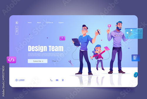 Design team cartoon landing page, designers adults and little schoolboy create projects on augmented reality interface screen and digital tablets. Creative courses, school, education Vector web banner