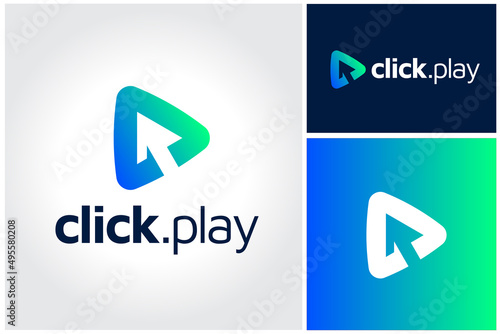 modern triangle play button with arrow for multimedia player like song video movie cinema motion clip film apps media logo apps 