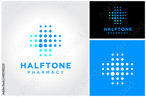 Modern Hospital Pharmacy Cross with halftone dots digital logo design
