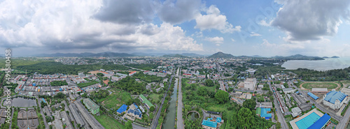 Phuket Thailand on March 28-2022 Aerial view drone photography High angle view of Phuket city, Phuket province Thailand. Panorama of phuket city thailand in sunny day sky background