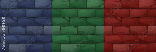 Game textures of brick wall, building facade with red, green and blue stone blocks. Vector cartoon seamless patterns of brickwork, vintage masonry for house exterior or pavement