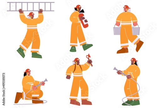 Firemen brigade with extinguisher, water hose, ladder, ax and buckets. Vector flat illustration of group of men and women professional firefighters in helmet and safety costume photo