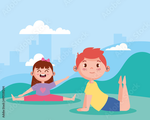 kids couple practicing yoga
