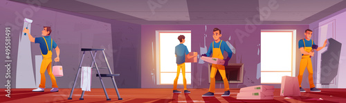 House renovation, repair works. Workers team paint wall in living room. Vector cartoon illustration of professional builders with painting roller, hammer, ladder, and putty renovating home