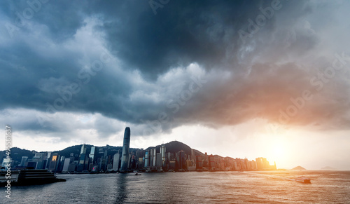 Canvas Print Hong Kong downtown with dark clouds in storm