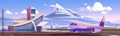 Airport terminal and private jet on runway strip in winter. Vector cartoon illustration of nordic landscape with small airport building, plane on landing field, snow, and mountains