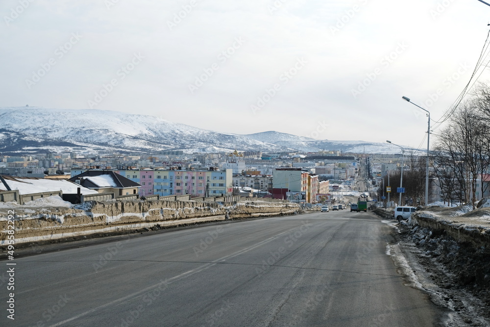 Magadan, Russia - 03.24.2018 : The carriageway of the road in the city center.