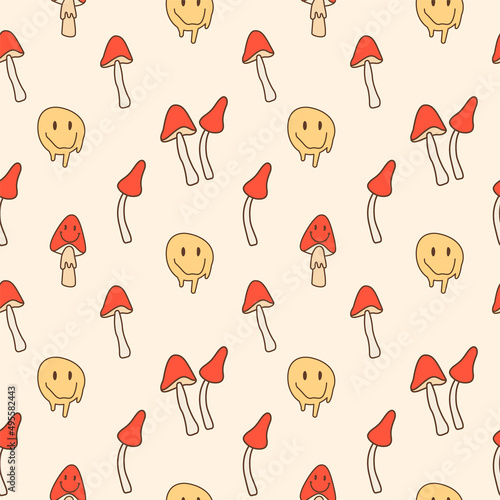 Retro seamless pattern with melting smiling faces and mushrooms. Drug trip psychedelic hippie culture inspired background. Retro vintage color palette. Vector illustration.