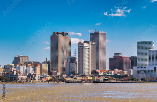 New Orleans city skyline from Mississippi River on a sunny winter day, Louisiana