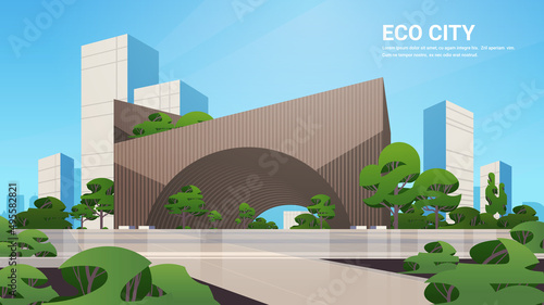 future city futuristic unusual shapes buildings and green trees modern architecture urban town cityscape background