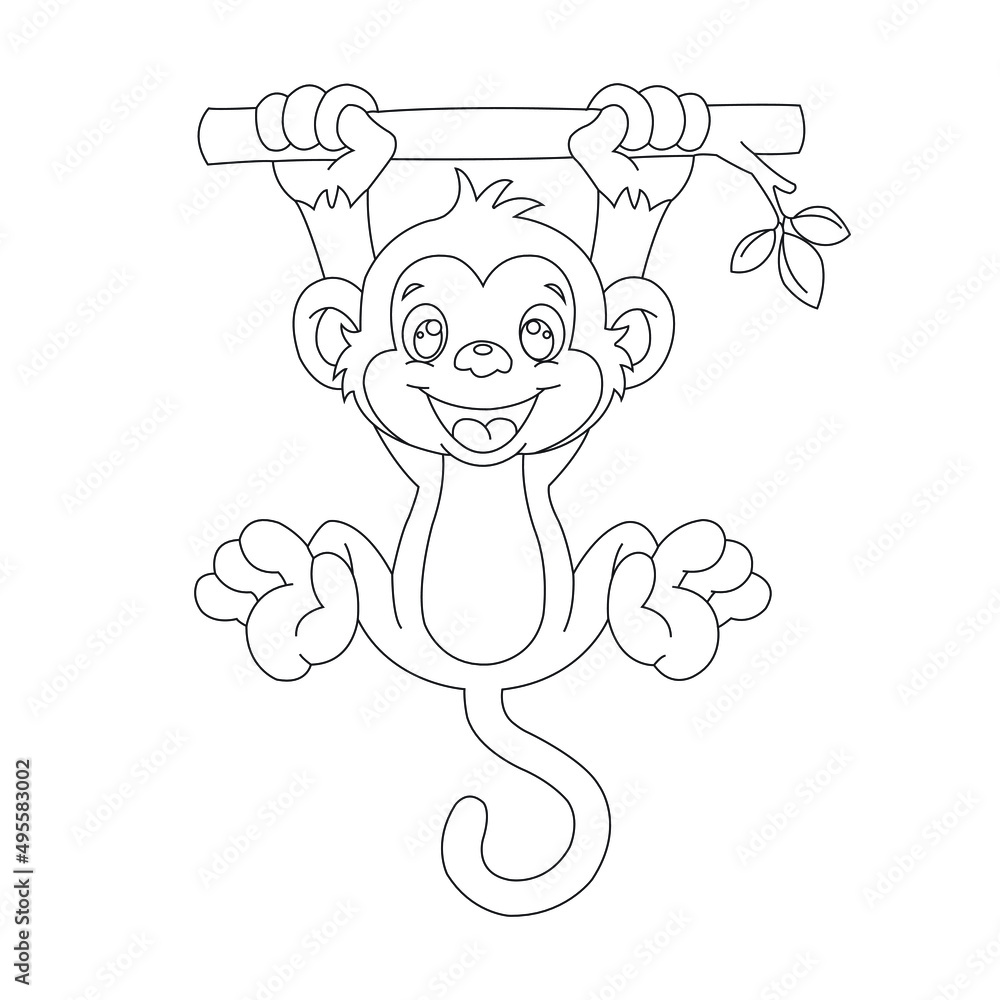 Fototapeta premium Cute little monkey outline coloring page for kids animal coloring book cartoon vector illustration