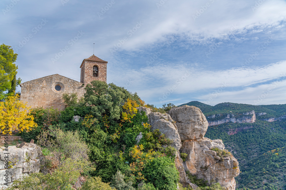 Landscape at autumn beside the church of Siurana. Priorat, Catalonia, Spain.