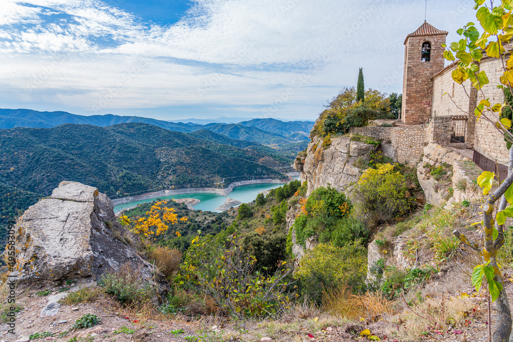 Landscape with the church and lake at Siurana. Priorat, Catalonia, Spain