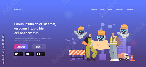 construction workers with robots holding blueprint industrial technicians builders group over city construction site