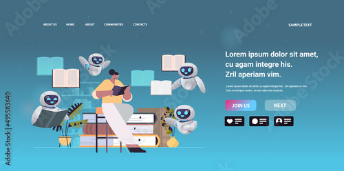 woman with robots reading book self education distance studying literature fan artificial intelligence concept