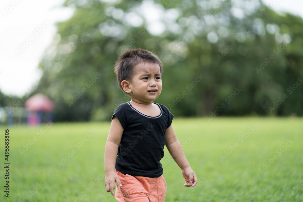 Asian little toddler boy is crying while he is walking alone in the park, concept of emotional expression of kid for scare, lonely, worry, upset, stress, depress in the childhood. Asian little toddler boy is crying while he is walking alone in the park, concept of emotional expression of kid for scare, lonely, worry, upset, stress, depress in the childhood.