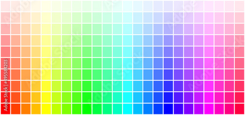 Color table, chart of tints of 24 hues. Bright colorful scale by adding white to hues and mixture of pure colors. Variety of light pastel pale nuances, graphic tool for design and color combinations.