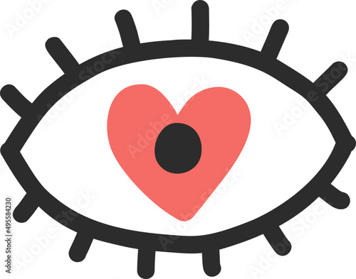 Cartoon eye heart vector object, doodle illustration for decor