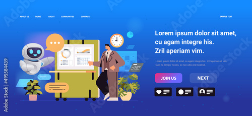 businessman with robot analyzing financial statistics data in office artificial intelligence technology concept