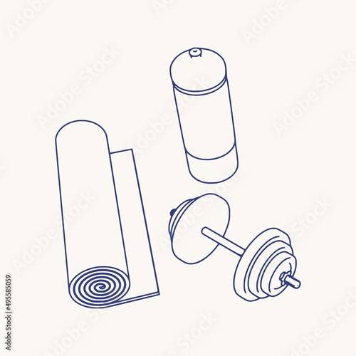 Gym training and home exercising and fitness equipment. Dumbbells, , yoga mat and bottle. Tools for healthy lifestyle and wellbeing. Top view.