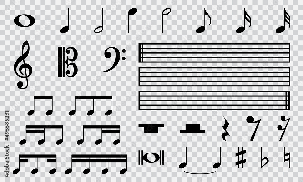 Musical notes icon set isolated on transparent background. Music tune