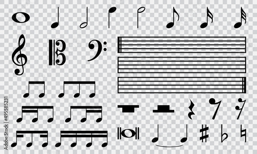 Musical notes icon set isolated on transparent background. Music tune melody symbols sign for sheet music composition. EPS10 illustration vector.