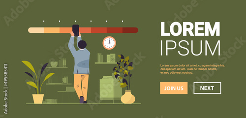 businessman reducing stress level business man struggling with arrow of crisis measure office interior horizontal