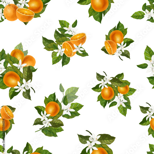 Seamless pattern with orange fruits, citrus flowers, slices and branches. Hand drawn watercolor images