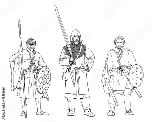 Irish warrior gallowglass. Elite mercenary warriors. Medieval knight illustration. 