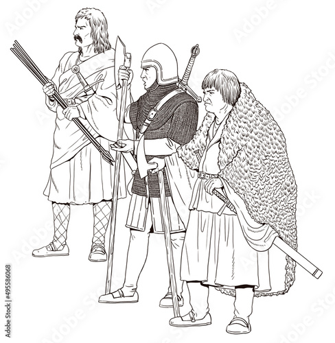 Irish warrior gallowglass. Elite mercenary warriors. Medieval knight illustration. 